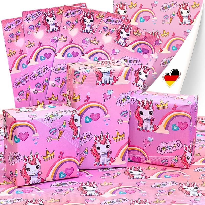 Einhorn Geschenkpapier für Mädchen – 4 Blatt 90 x 65 cm – Geburtstag, Babyparty