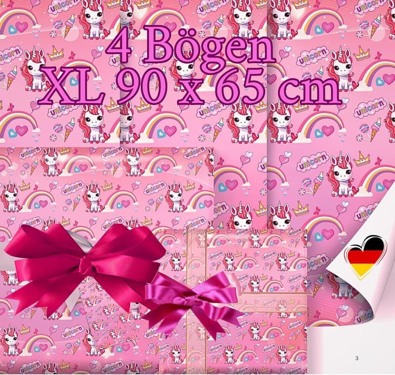 Einhorn Geschenkpapier für Mädchen – 4 Blatt 90 x 65 cm – Geburtstag, Babyparty