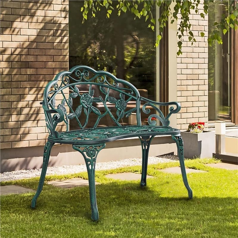 Vintage Gartenbank aus wetterfestem Aluminiumguss für Terrasse und Balkon, grün