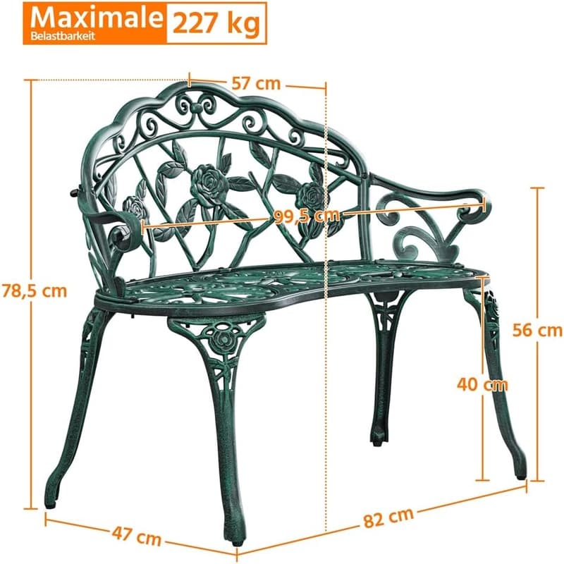 Vintage Gartenbank aus wetterfestem Aluminiumguss für Terrasse und Balkon, grün