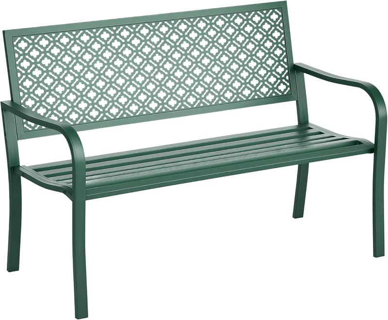 Dunkelgrüne 2-Sitzer Gartenbank aus Stahl mit Blumenmuster, max. 240 kg