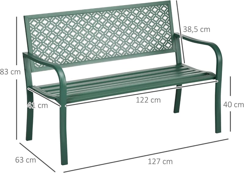 Dunkelgrüne 2-Sitzer Gartenbank aus Stahl mit Blumenmuster, max. 240 kg