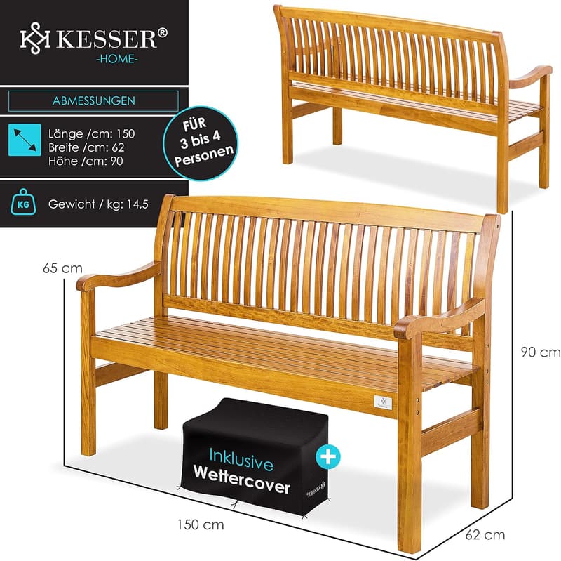 Wetterfeste Holzbank für 3-4 Personen, 150 cm, massiv, inkl. Cover
