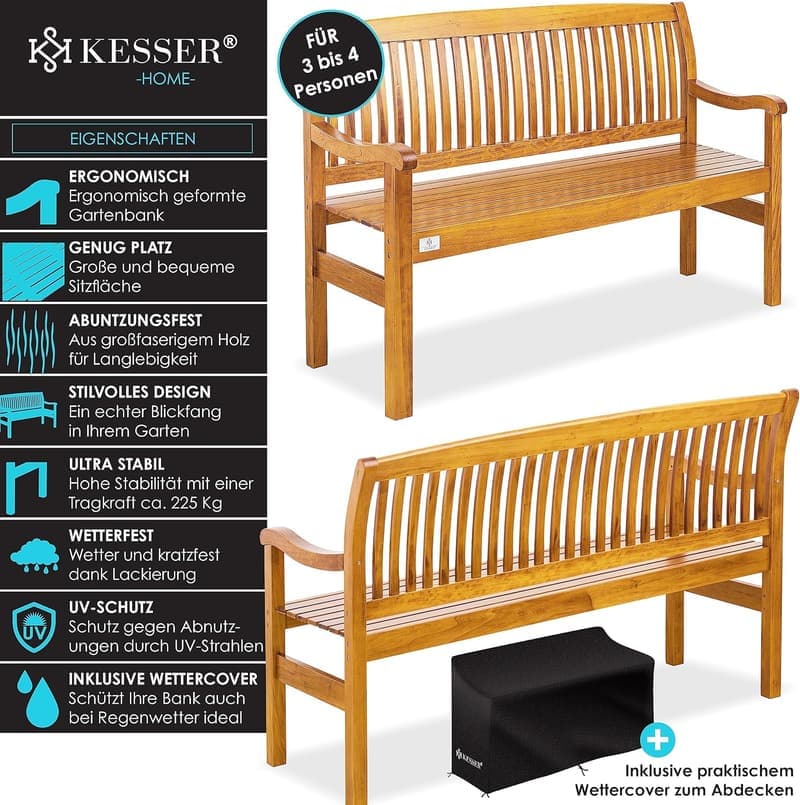 Wetterfeste Holzbank für 3-4 Personen, 150 cm, massiv, inkl. Cover