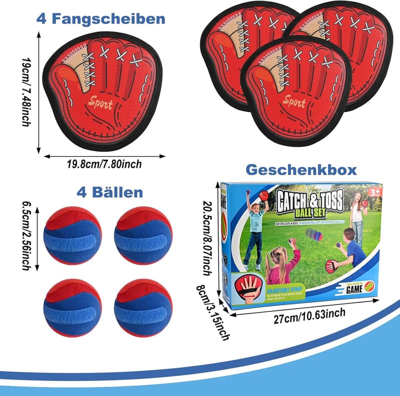 Klettballspiel für Kinder ab 3 Jahren – Outdoor Wurfspiel mit 4 Fangscheiben und 4 Bällen