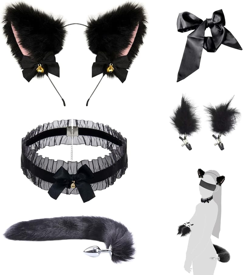 Cosplay Analplug Set mit Fuchsschwanz – 5 Teile für Paare (Schwarz)