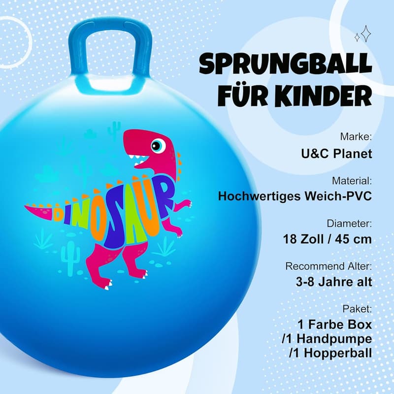Planet Hüpfball 45 cm für Kinder (3-8 Jahre) mit Pumpe – Blau