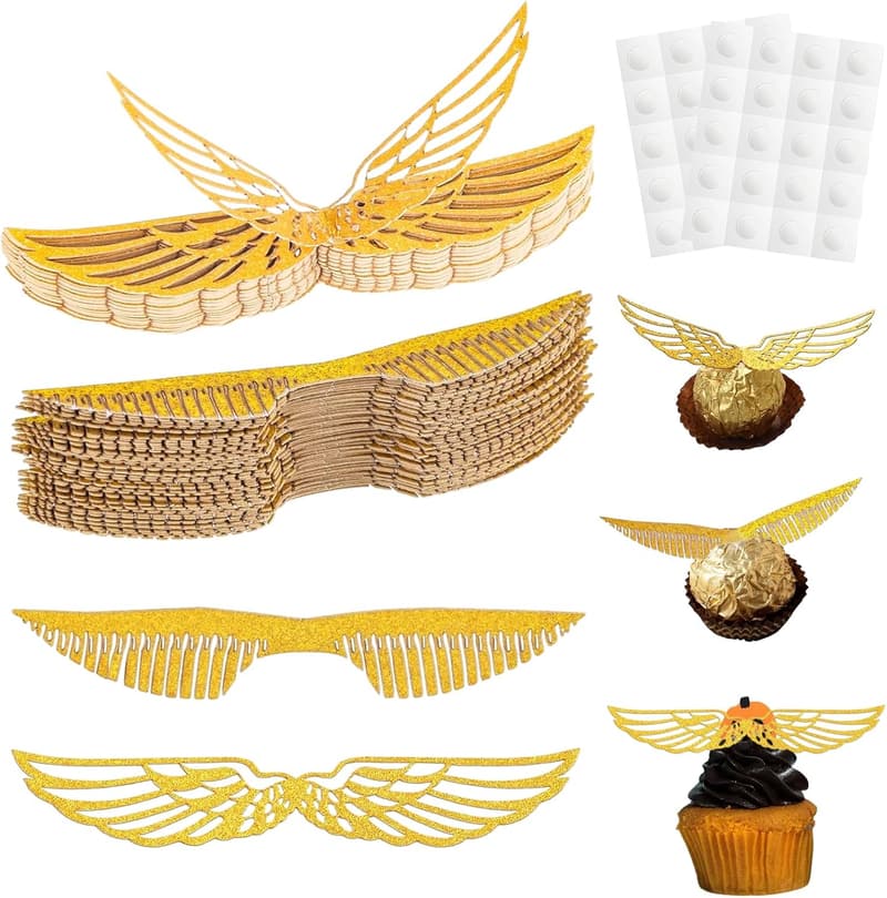 Harry Potter Geburtstag Deko - 50 goldene Glitter Flügel Cupcake Dekoration