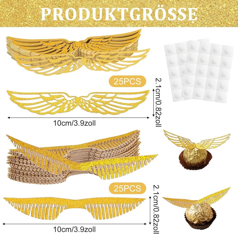 Harry Potter Geburtstag Deko - 50 goldene Glitter Flügel Cupcake Dekoration