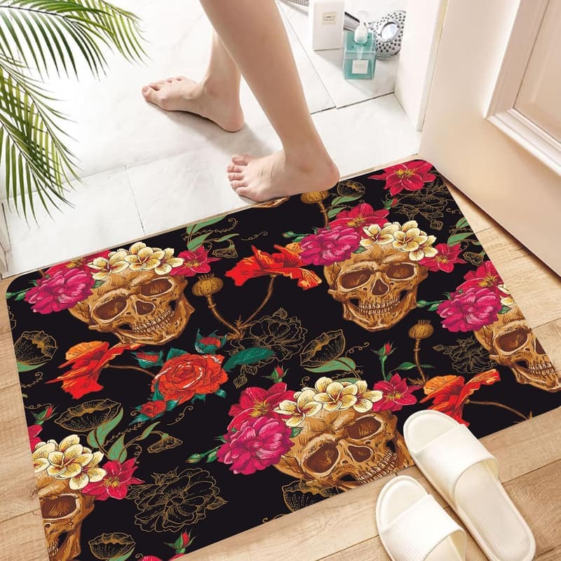 Waschbarer Badezimmerteppich mit Totenkopf-Motiv, 60x100 cm