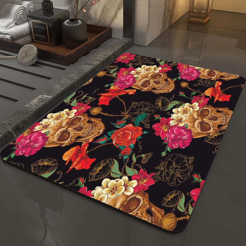Waschbarer Badezimmerteppich mit Totenkopf-Motiv, 60x100 cm