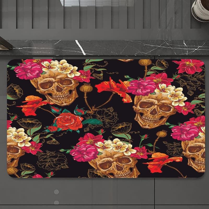 Waschbarer Badezimmerteppich mit Totenkopf-Motiv, 60x100 cm