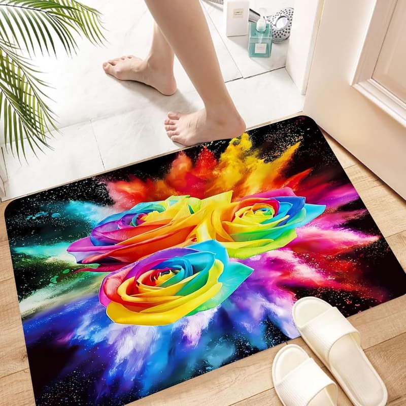 Waschbarer Badezimmerteppich 60x100 cm – Schnelltrocknend mit Regenbogenrosen