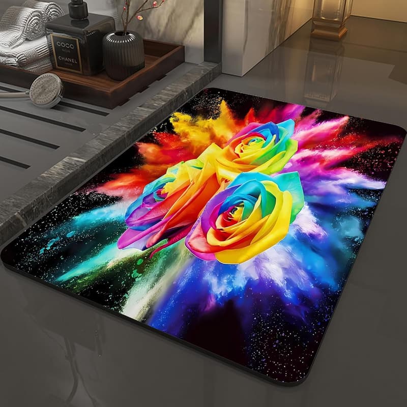 Waschbarer Badezimmerteppich 60x100 cm – Schnelltrocknend mit Regenbogenrosen