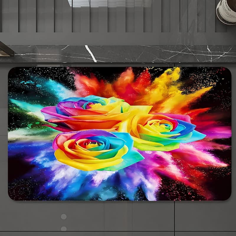 Waschbarer Badezimmerteppich 60x100 cm – Schnelltrocknend mit Regenbogenrosen