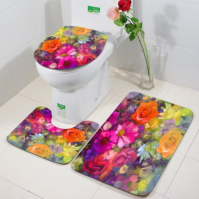 Badezimmerteppich-Set aus Mikrofaser mit Blumenmotiv – waschbar