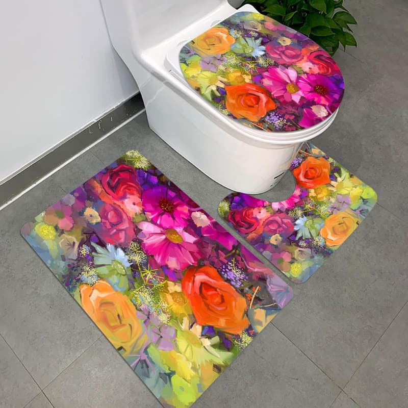 Badezimmerteppich-Set aus Mikrofaser mit Blumenmotiv – waschbar