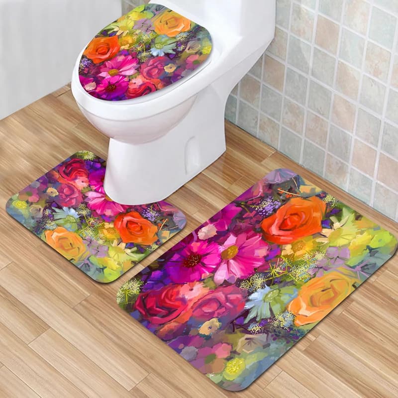 Badezimmerteppich-Set aus Mikrofaser mit Blumenmotiv – waschbar