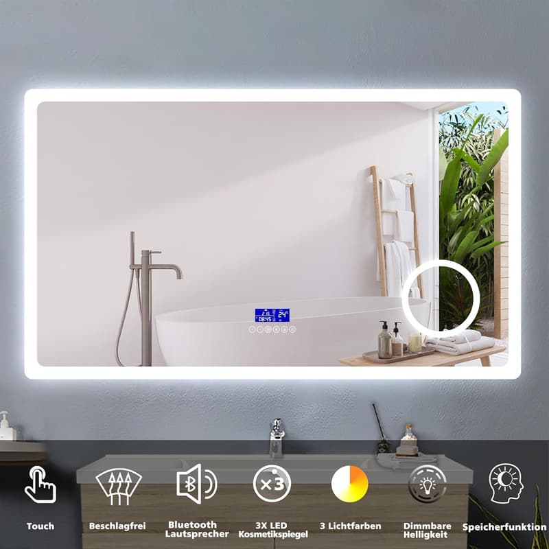 LED Badezimmerspiegel 120x70cm mit Bluetooth, dimmbar und beschlagfrei