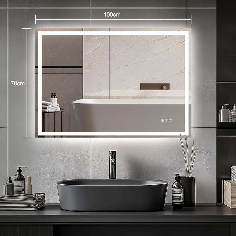 Beleuchteter Badezimmerspiegel 100x70cm mit Bluetooth und Entfoggen-Funktion