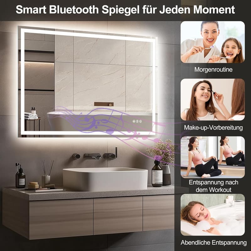 Beleuchteter Badezimmerspiegel 100x70cm mit Bluetooth und Entfoggen-Funktion