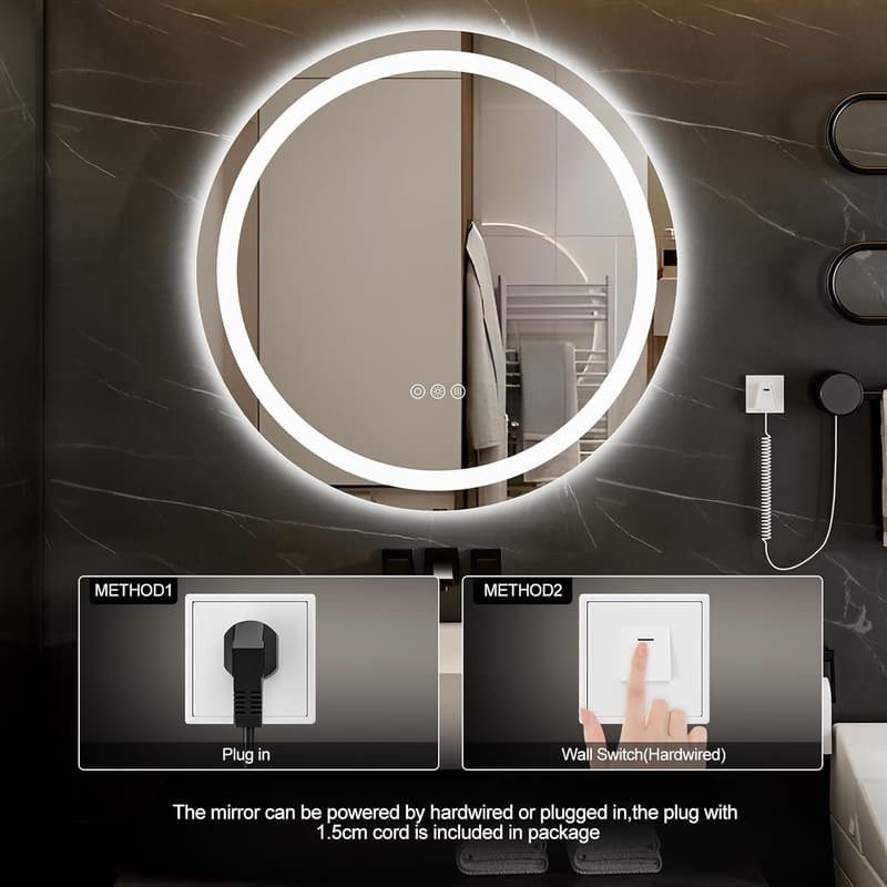 Runder LED-Badezimmerspiegel 50 cm mit dimmbaren Farbtemperaturen und Antibeschlag