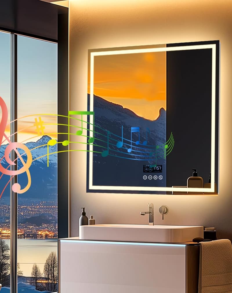Lederspiegel mit Beleuchtung 80x80 cm – Bluetooth, dimmbar, Antibeschlag