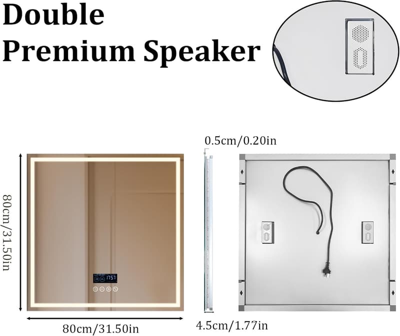 Lederspiegel mit Beleuchtung 80x80 cm – Bluetooth, dimmbar, Antibeschlag