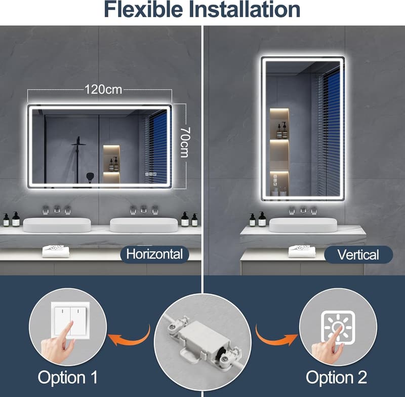 Beleuchteter Bluetooth-Badspiegel 120x70cm, dimmbar, IP44, Hygieneglas