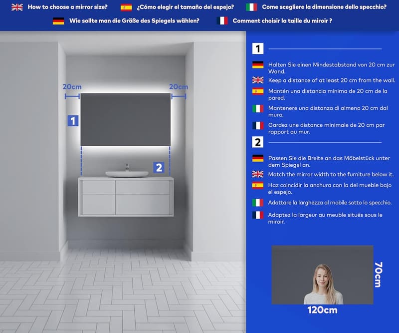 Beleuchteter Badspiegel 120x70 cm mit wählbarer LED-Farbe