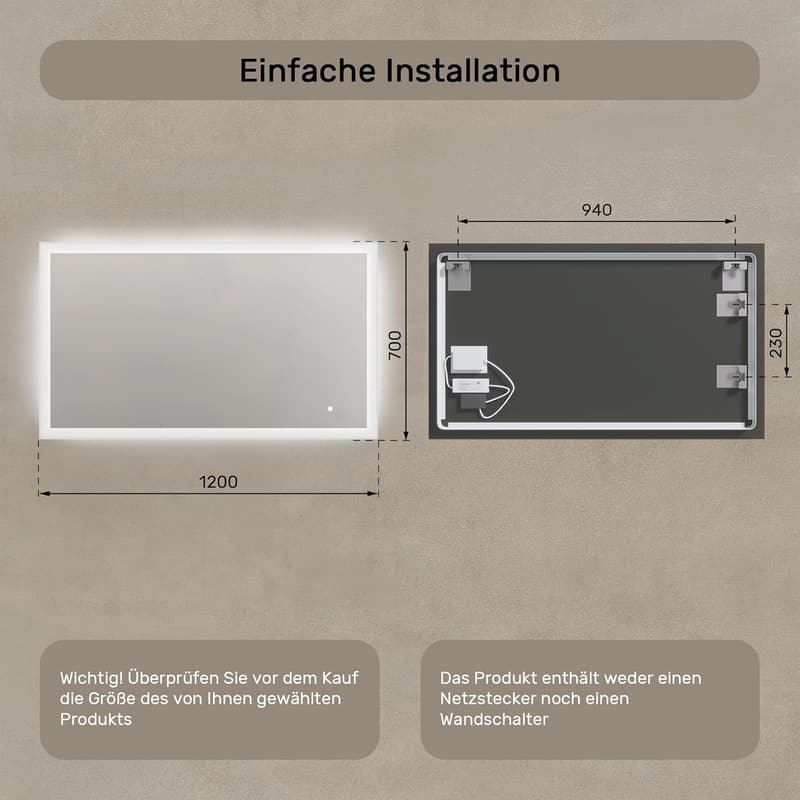 LED Badspiegel 120x70cm mit Touchschalter und einstellbarem Licht