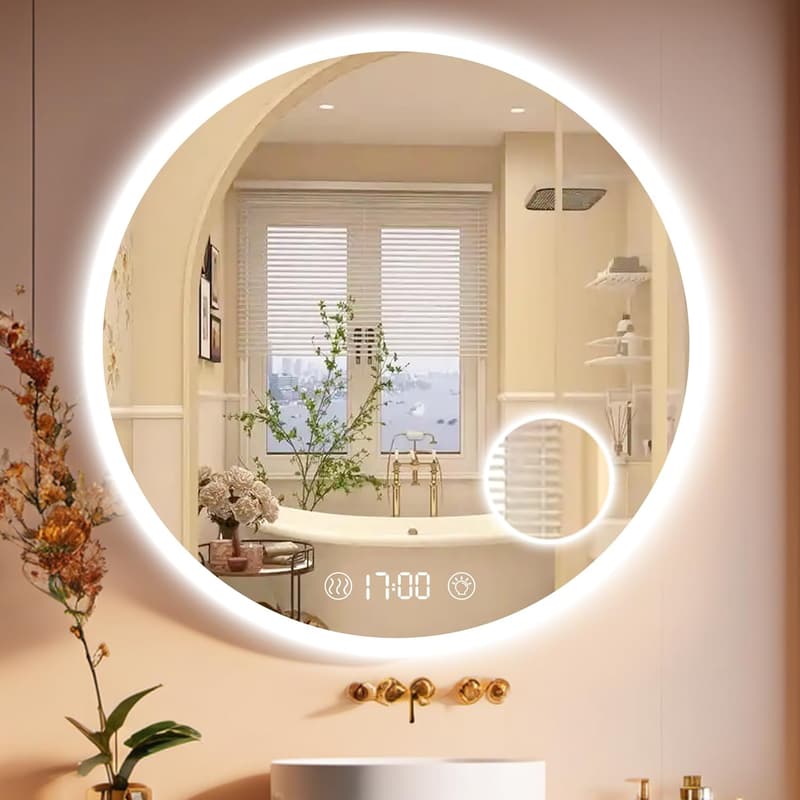 Beleuchteter Badezimmer Spiegel 70x70cm mit Uhr und Touch-Schalter, dimmbar, beschlagfrei