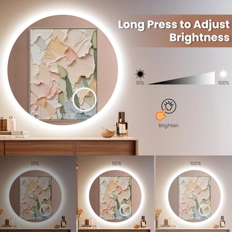 Beleuchteter Badezimmer Spiegel 70x70cm mit Uhr und Touch-Schalter, dimmbar, beschlagfrei