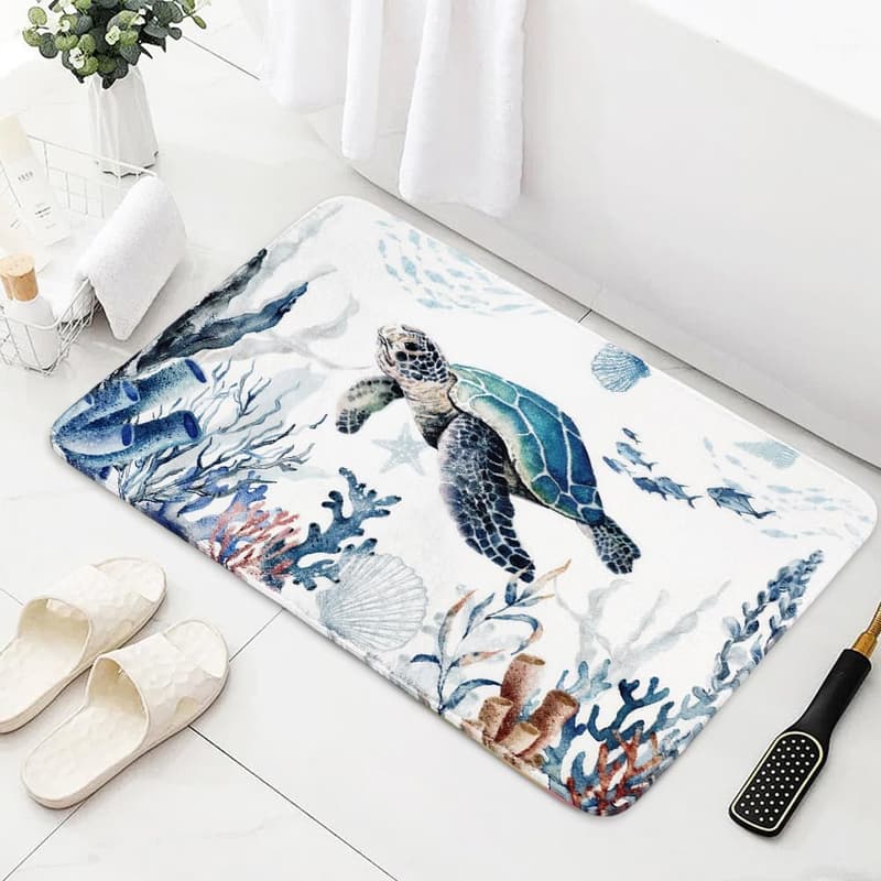 Sommerliche Mikrofaser-Badematte mit Ozeanmotiven, rutschfest, 50 x 80 cm