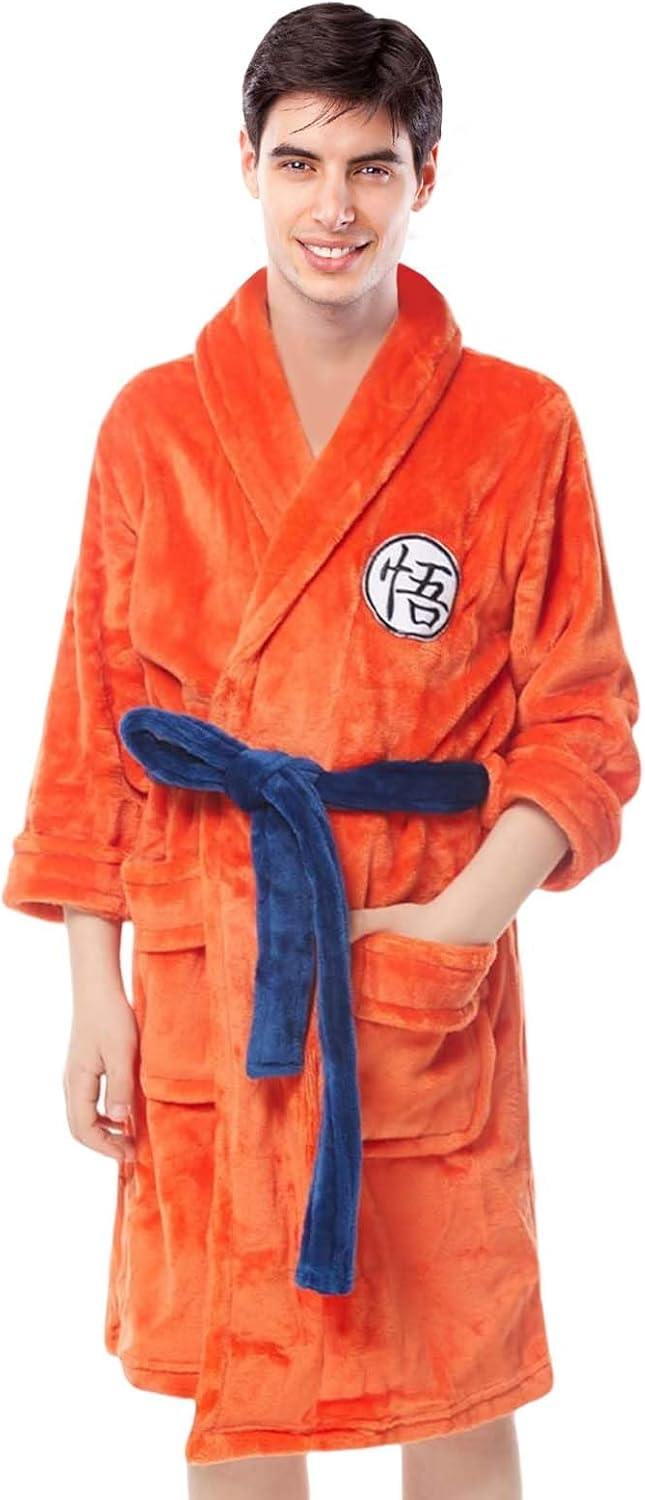 Herren Bademantel im Dragon Ball Goku Design aus dickem Flanell, orange