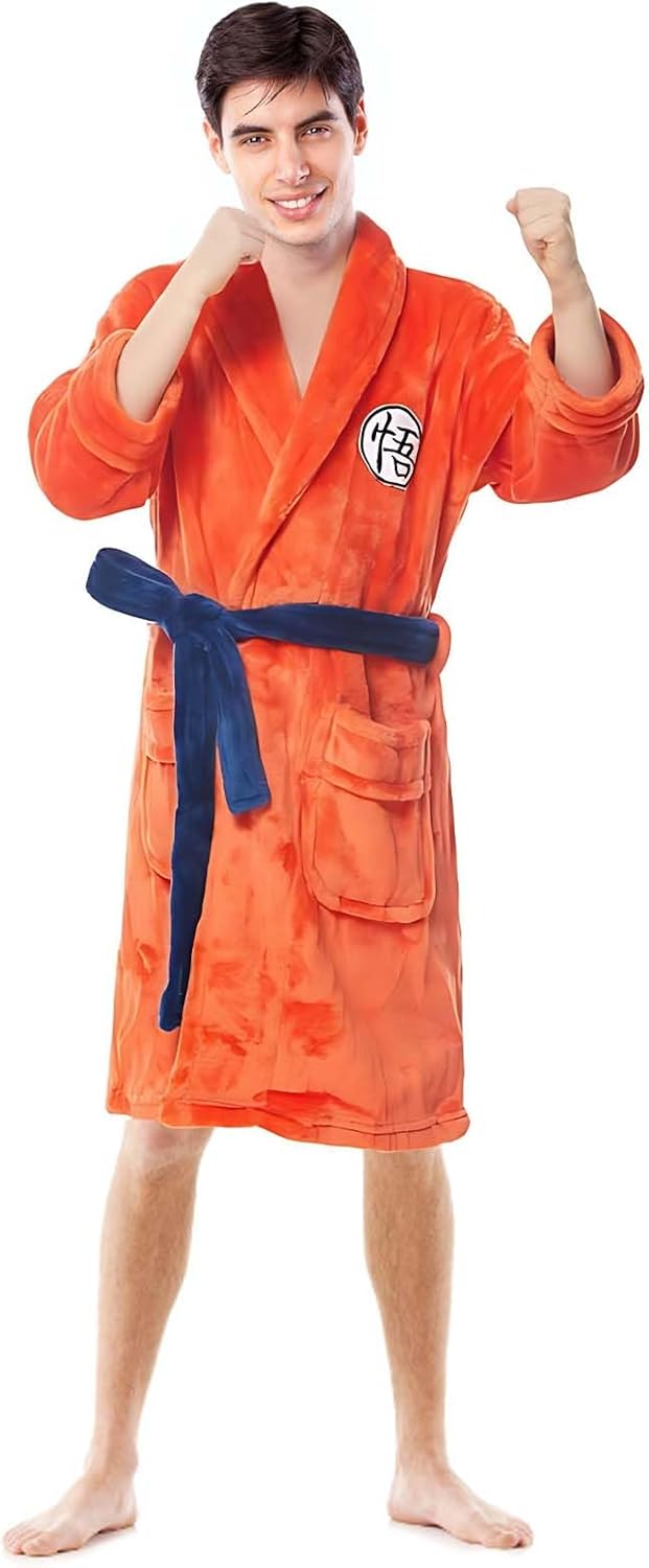 Herren Bademantel im Dragon Ball Goku Design aus dickem Flanell, orange