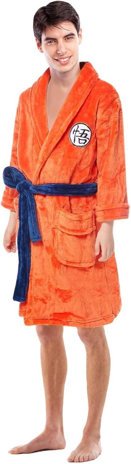 Herren Bademantel im Dragon Ball Goku Design aus dickem Flanell, orange
