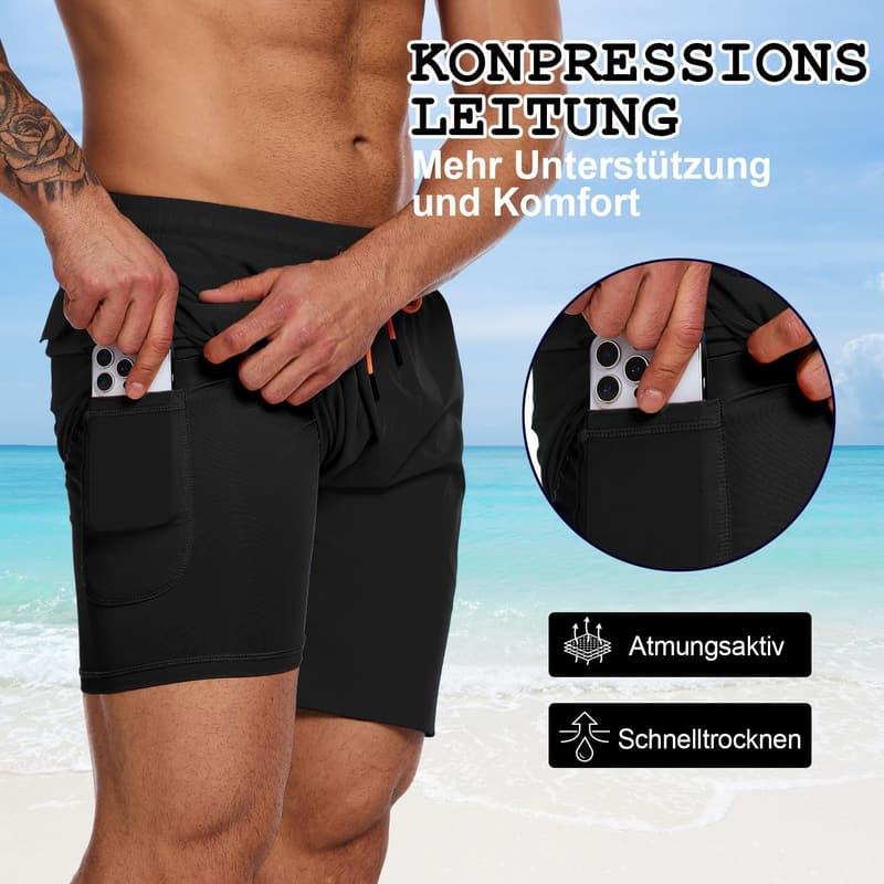 Atmungsaktive Kompressions-Badeshorts für Herren, 2 in 1, mit verstellbarem Tunnelzug