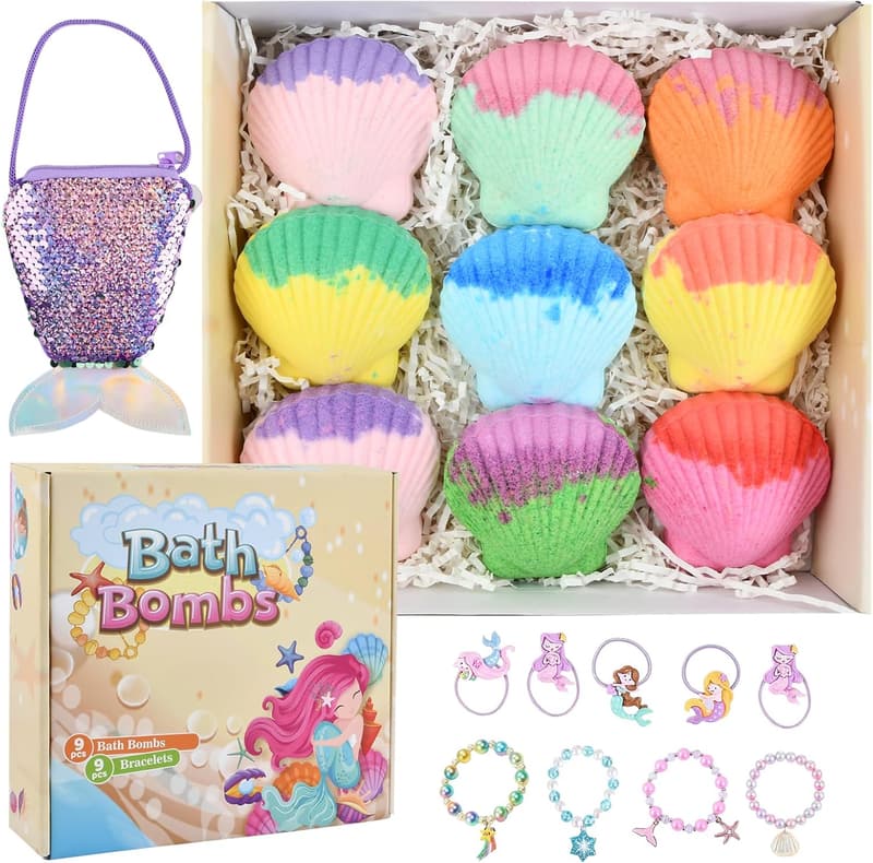 Überraschungs-Badebomben-Set für Kinder mit Meerjungfrau-Armbändern, 9 Stück