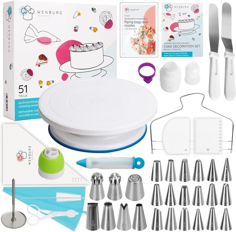 Drehbare Tortenplatte 28 cm mit 51-tlg. Zubehörset für Kuchenliebhaber