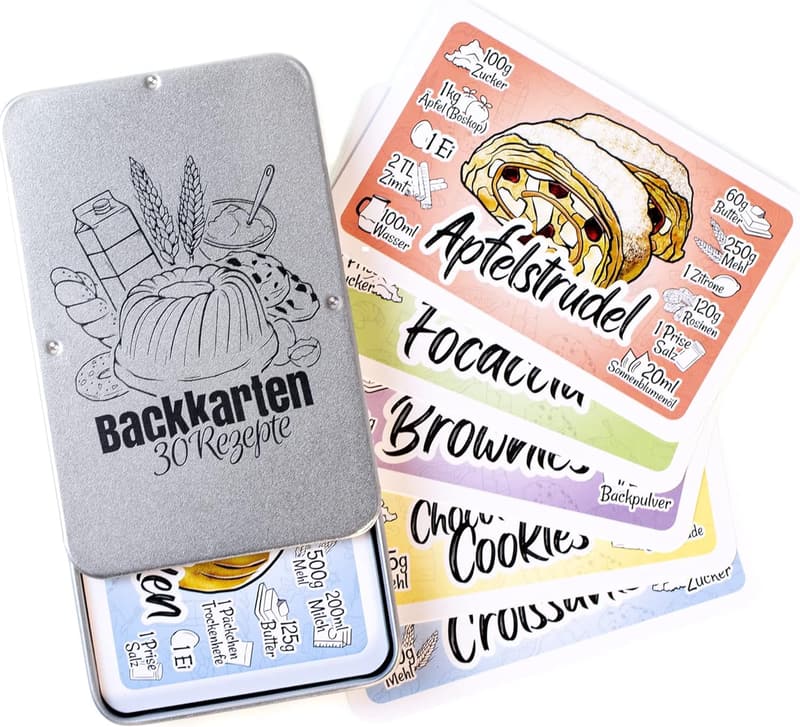 Backrezepte-Karten im Metalldose: Geschenk für Backanfänger und -fortgeschrittene