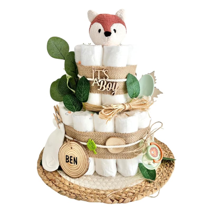 Personalisierte Windeltorte mit Fuchs und Eukalyptus für Babyshower