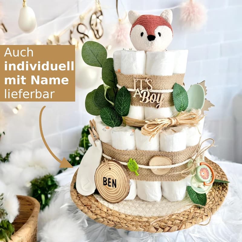 Personalisierte Windeltorte mit Fuchs und Eukalyptus für Babyshower