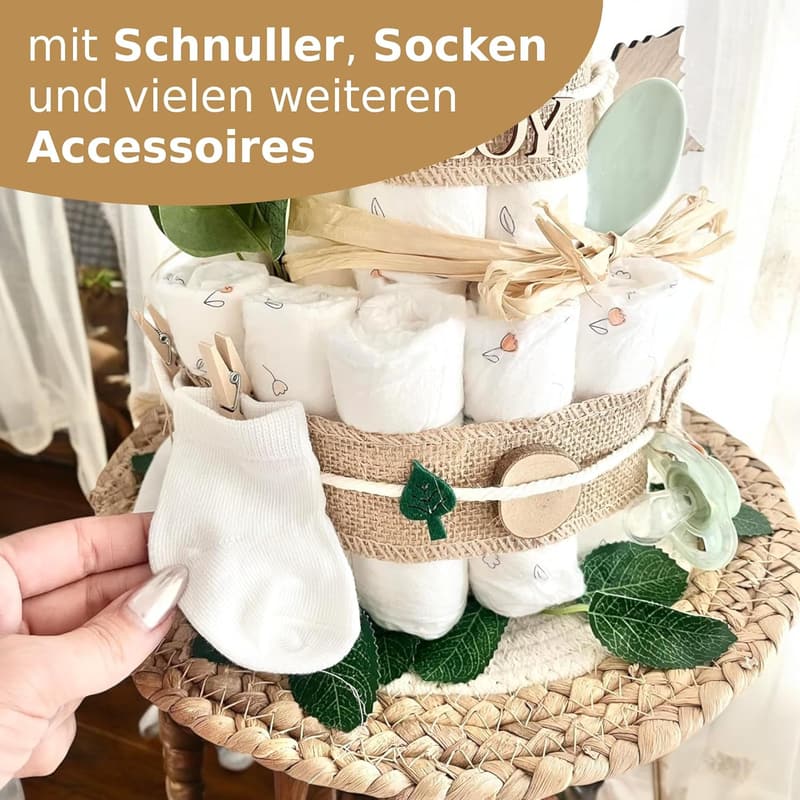Personalisierte Windeltorte mit Fuchs und Eukalyptus für Babyshower