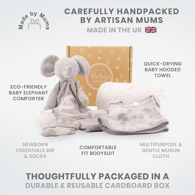 Babybox mit 6 Essentials - Unisex Geschenkset für Baby und Taufe