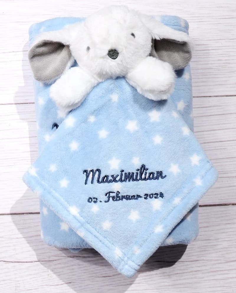 Personalisierte Babydecke mit Schmusetuch zur Geburt oder Taufe, blau