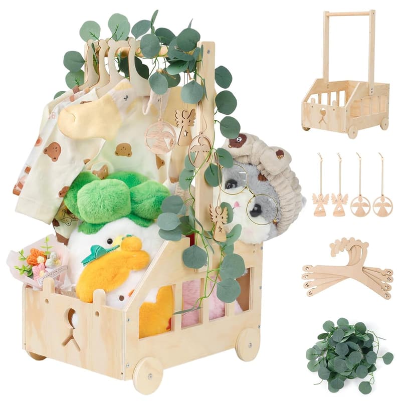 Wickelkorb mit Holzrädern für Babyparty - Geschenkset mit Dekorblättern