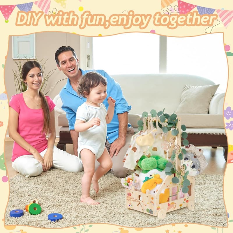 Wickelkorb mit Holzrädern für Babyparty - Geschenkset mit Dekorblättern