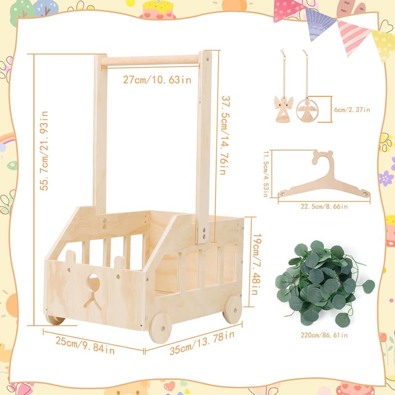 Wickelkorb mit Holzrädern für Babyparty - Geschenkset mit Dekorblättern