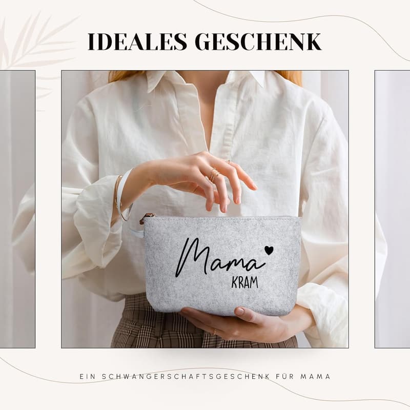 Kosmetiktasche aus Filz für werdende Mütter - Schwangerschaftsgeschenk (Hellgrau)